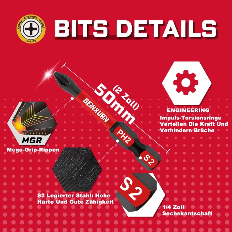 Geinxurn 20-Piece Bits Set #2 Phillips 25 mm PH2 Non-Slip