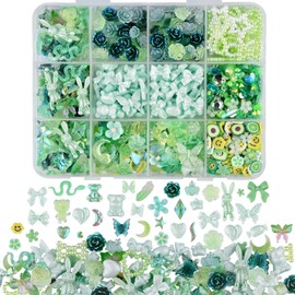 850 Piezas 3D Mariposa Rosa Flor Arco Conejo Oso Encantos de Uñas Kit Con Nail Art Rhinestones Perlas Cristal Gemas Rebanadas de Uñas para Manicura Diy Artesanías Accesorios de Joyería(Verde)