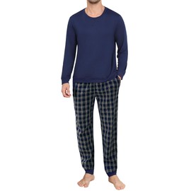 Ekouaer Pyjamas Men Long Sleeve Pjs Sets Plaid Pajamas for Men Nightwear Loungewear, Navy Blue1, L