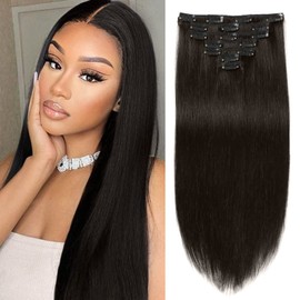 Clip in Hair Extensions Real Human Hair for Women Natural Black Color Straight Silky Human Hair Extensions 100% Unprocessed Remy Brazilian Human Hair 7 Pcs with 16 Clips (18 Inch,#1B)