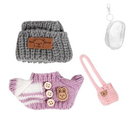 Clothes Set for 17cm Doll, Hat Suit Ornaments Accessories Set for Any 17cm/6.7inch Doll[With Clothes Storage Bag] (Grey Hat/Purple Clothes/Pink Bag)