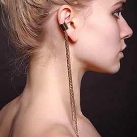TseenYi Chain Cuff Earrings Boho Gold Tassel Chain Long Ear Clips Cartilage Clip Jewellery for Women and Girls (Pack of 1), Alloy Steel