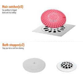 Hair Catcher & Drain Cover Set 7pcs - Silicone Hair Stopper & Shower Drain Protector for Bathroom Bathtub Tub & Kitchen - Easy to Install