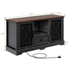 Entertainment Center Black TV Stand with Charging Station Modern 55'' Television Stand Console with Adjustable Storage Shelves, Rustic Media Storage Cabinet for Living Room and Bedroom