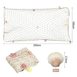 Capaneus 100 x 200 cm Beige Fishing Net with Shells for Hanging Fish Net Decoration, Maritime Decoration, Nets Background Wall Decoration for Carnival, Wedding, Party, Photography, Stage