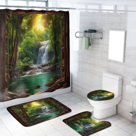 Landscape Shower Curtain Sets with Rugs 4 Piece Waterfall Forest Lake Tree Nature Scenery View Bath Curtain for Bathroom Waterproof Fabric Bathroom Decor Set, 72x72 Inch