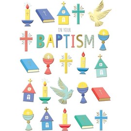 Religious Baptism Greeting Card with Christian Symbols, 13 x 19 cm