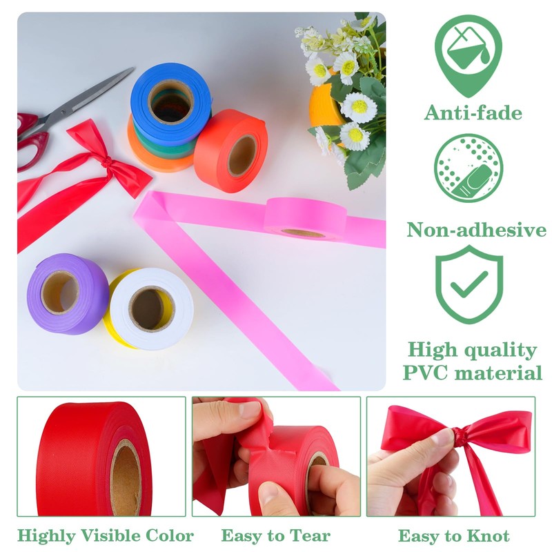 KIWIHUB 12 Pack White Flagging Tape, Non-Adhesive Plastic Ribbon Neon