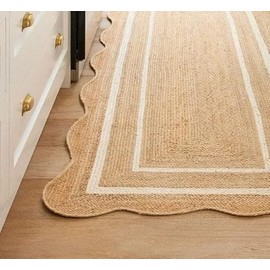 SMERA HOUSE White Runner for Kitchen Golden Zigzag Line Design, 2x6 Feet, Easy to Clean, Durable Jute Natural Fabric Floor Mat, Non-Washable, Ideal for Kids & Pets, Perfect for Living Room & Bedroom