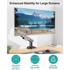 MOUNT PRO Single Monitor Desk Mount for Max 40 Inch Screens, Adjustable Gas Spring Monitor Arm Holds up to 26.5lbs, Computer Monitor Stand with Clamp and Grommet Base, VESA Mount 75x75mm/100x100mm
