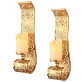 Capesaro Wall Candle Sconce Set of 2,Gold Metal Wall Mount Candle Holder，Spanish Baroque Hollow Carving Wall-Mounting Sconces for Living Room, Bathroom, Dining Areas,Hallways Decorations