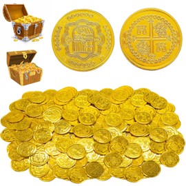 Ksvaye Pack of 100 Gold Coins Children's Gold Taler Pirate Treasure Gold Pirate Coins Plastic Gold Coins Pirate Treasure Toy Pirate Coins for Children Children's Birthday Party Decorations