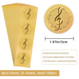 CRASPIRE Music Note Gold Foil Sticker Certificate Seals 100pcs Award Achievement 2in Round Self Adhesive Embossed Stickers for Invitations Certification Graduation Notary Seals Corporate Monogram
