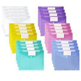 Plastic Wallets A4, Vakki 24 Pack Plastic Folders, Transparent Plastic Wallets, 6 Colours Document Wallets Files Popper Wallets with 11 Hole and Label Pocket for Home, Office, School