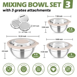 TeamFar Mixing Bowls, 3PCS Stainless Steel Serving Salad Bowls with Lids & 3 Graters, For Kitchen Mixing/Baking/Storing/Prepping, Visible & Airtight, Easy Clean - 4.5/3 / 1.5 QT, Khaki