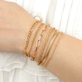 LUCSIS Dainty Gold Bracelets for Women, 14K Gold Plated Multi-Link Stackable Bracelets set, Layered Bracelets Pack Trendy Jewelry Gifts for Women (6pcs Gold