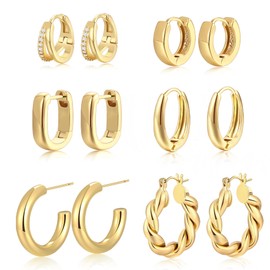 Juego de 9 pares de aretes pequeños de oro/plata para mujer, chapados en oro de 14 quilates, aretes pequeños, hipoalergénicos, gruesos, abiertos, ligeros, gruesos, para regalos, Mediano, Latón, No es