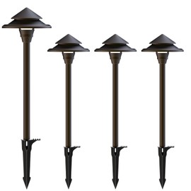 GOODSMANN Low Voltage Landscape Lighting 4PK LED Path Lights Oil Rubbed Bronze 4W 32 Lumen Hardwired 2 Tier Pagoda Landscape Pathway Lights 3000K Warm White Metal Stakes Cable Connectors
