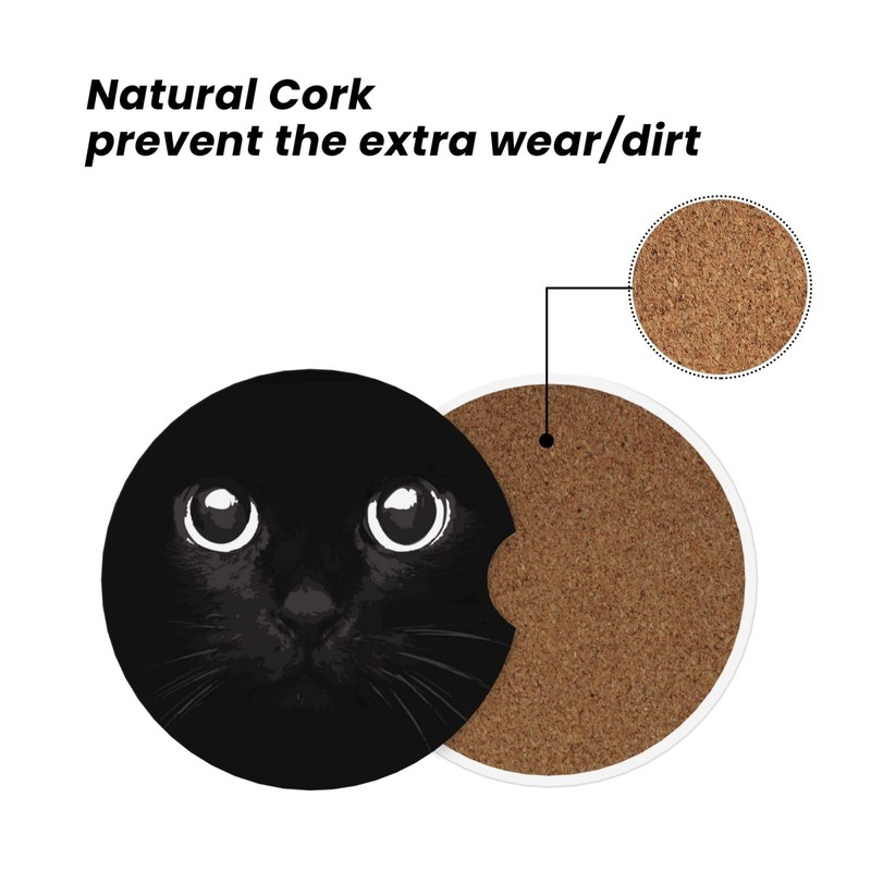 Cute Black Cat Car Coasters for Drinks Absorbent, 2 Pack