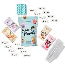 Thoughtfully Gourmet, Mini Boba Pearl Party Set, Makes 16 Tasting Portions of Bubble Tea, Includes 2 Flavors, Cups, Lids, Straws, & Cup Stickers