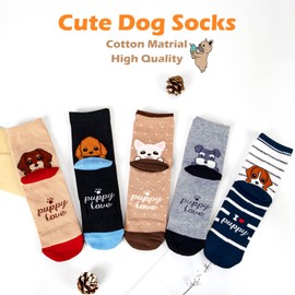 Womens Cute Animal Painting Socks 5 Pairs, Funny and Cool 100% Cotton Art Dog Cat Socks for Women, Black & brown & yellow & blue & gray