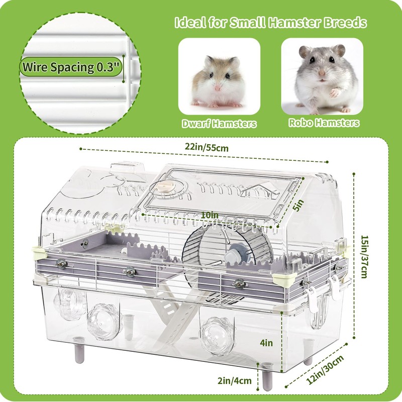 Large Acrylic Hamster Cage 22x12x15in for Dwarf Hamsters & Robo