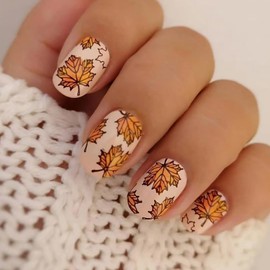 Fall Press on Nails Short Square SWEKKE Full Cover Petite Fake Nails Yellow Fall False Nails Maple Leaves Pattern Designs Glossy Glue on Nails Stick on Nails Acrylic Nails for Women Girls 24 Pcs