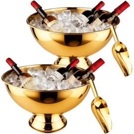 Large Ice Bucket 13L Stainless Steel Champagne Bowl Ice Bucket with Ice Scoop Semicircle Drink Tub with Integrated Base Silver Beverage Tub for Parties, Cocktail Bar, Chilling Wine (2 Packs-Gold)