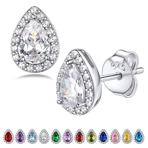 Bestyle 925 Sterling Silver Teardrop Cut Birthstone Stud Earrings for