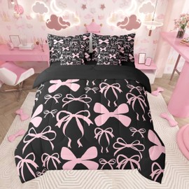 Feelyou Bow Bedding Set for All Season Boys Girls Full Size Black Pink Girls Bow 7 Pieces Comforter Sets Women Men Cute Bowknot Bed in a Bag with Comforter, Sheets, Pillowcases & Cushion Cover