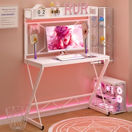 Elephance Computer Desk with Storage Shelves & Pegboard, 39inch Gaming Desk Writing Desk DIY Study Writing Workstation Table, Modern Office Desk for Home Dorm Office, White