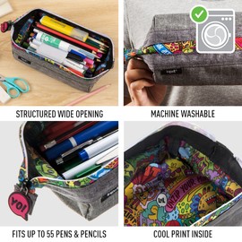 ZIPIT Lenny Pencil Case | Large Capacity Pencil Pouch | Pencil Bag for School, College and Office (Grey)