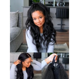 Julia Hair EasiContour V Part Kinky Straight Wigs Human Hair Glueless Yaki Straight Vpart Wig Clip in Half Wigs No Leave Out Real Scalp Upgrade U Part Kinky Wig Beginner Friendly Natural Black 24 Inch