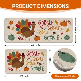 Livcoz Thanksgiving Turkey Gobble Kitchen Rugs Set of 2, Fall Pumpkin Leaves Acorn Floor Mats Home Decor, Autumn Farmhouse Door Mat Decorations - 17x29 and 17x47 Inches