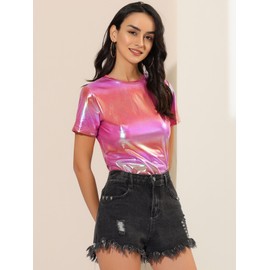 Allegra K Women's Party Metallic Textured Short Sleeve Shiny Multicolor Top Large Pink