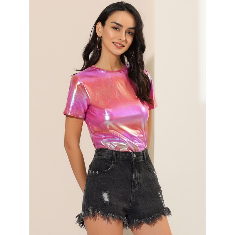Allegra K Women's Party Metallic Textured Short Sleeve Shiny Multicolor