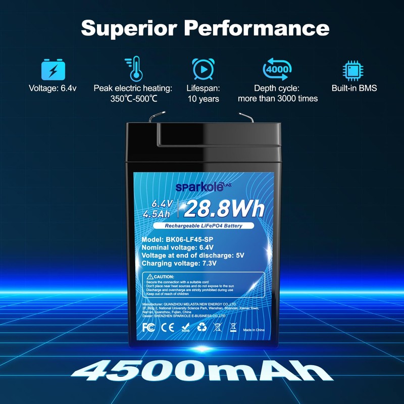 6V 4.5Ah LiFePO4 Battery, Intelligent BMS Rechargeable Lithium Iron Phosphate