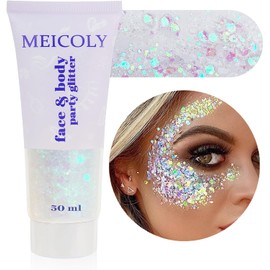MEICOLY Brillo Corporal Blanco Claro, Mardi Gras Face Glitter Singer Conciertos Festival Rave Accesorios, Cabello Grueso Chispeante Halloween Glitter Gel para Mujer, Sirena Lentejuelas Glitter Face Pa
