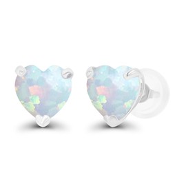 Genuine 925 Sterling Silver 6mm Heart Created Opal October Birthstone Genuine Stud Earrings For Women