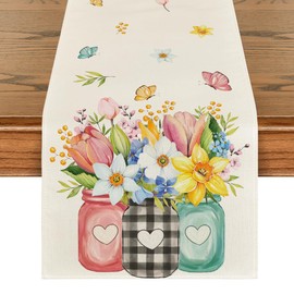 Artoid Mode Tulip Flowers Floral Vase Summer Table Runner, Seasonal Spring Kitchen Dining Table Decoration for Home Party Decor 13x72 Inch