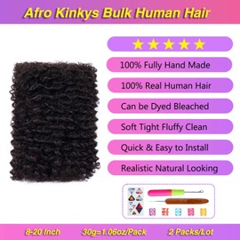 Afro Kinkys Bulk Human Hair for Dreadlock Extensions Braiding Twist Braids Repair Locs Afro Kinky-Curly Human Braiding Hair Bundles For Men Women Kids 10 Inch 2 Bundles 60g Natural Black Soft Fluffy