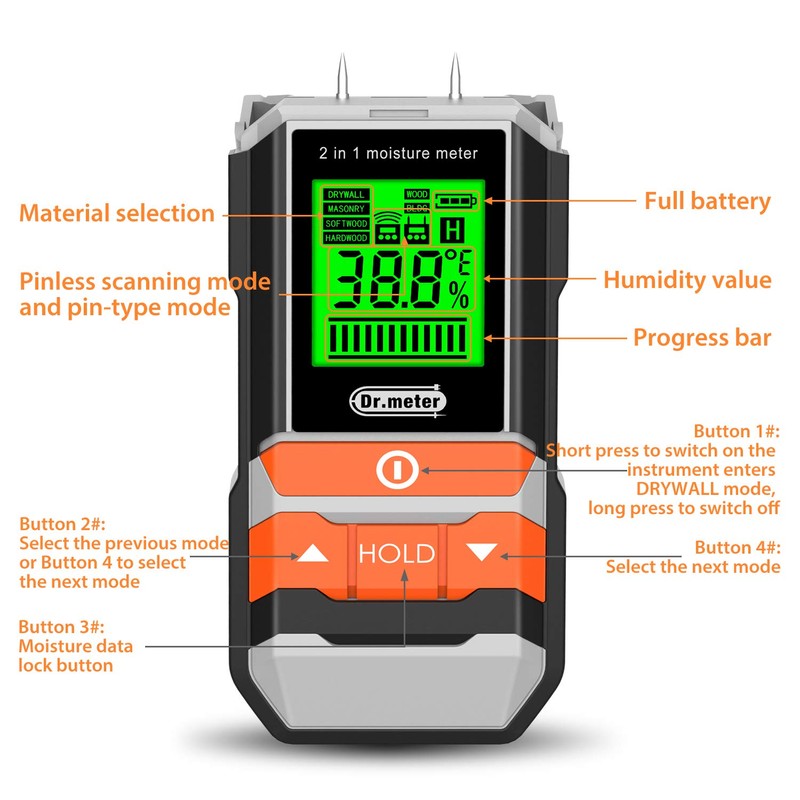 Dr.meter Wood Moisture Meter, 2 in 1 Pin & Pinless