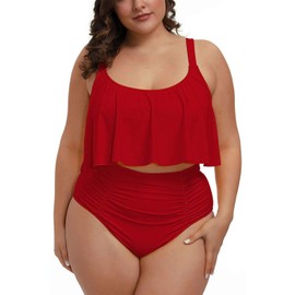 Pink Queen Women Plus Size Swimsuits Tummy Control Ruffle Two Piece High Waisted Swimwear Bathing Suit Red XL
