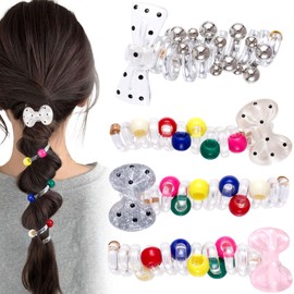 VARMDUKKE 4PCS Bow Spiral Hair Ties with Colored Beads, 4 Colors Bowknot Bead Phone Cord Ponytail Holders for Women, Elegant Rubber Hair Coils, Stylish Hair Accessories for Party, Daily Use