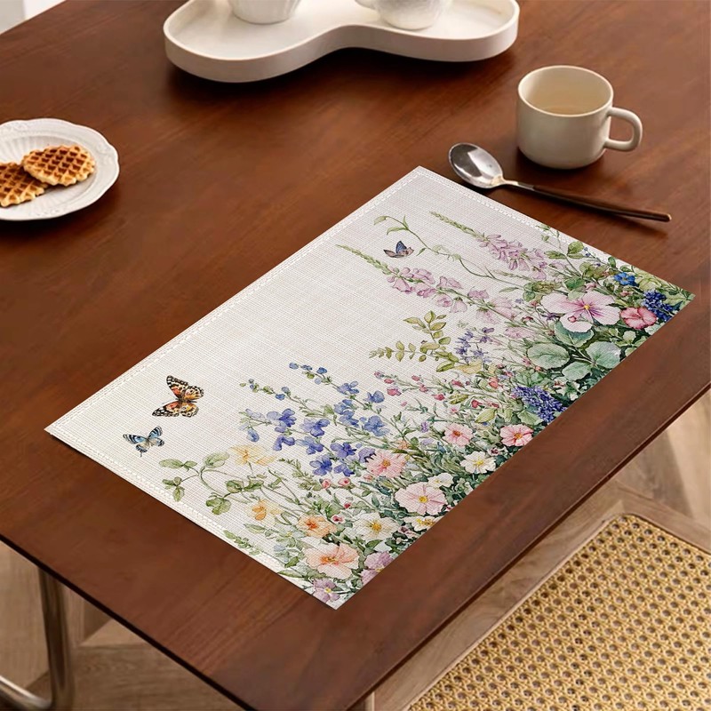 Wildflowers Placemats Set of 6,Flower Herbs Butterfly Spring Washable Linen