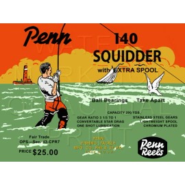 Vintage Penn Squidder #140 Fishing Reel Box Label Recreated on Satin Canvas - 24" X 18"