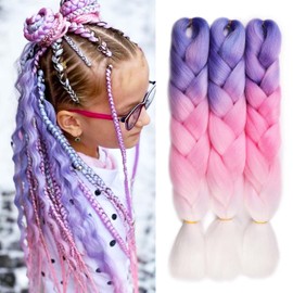 Ombre Braiding Hair 24 Inch Synthetic Hair Extensions for Braiding 3Pack/Lot Pre Stretched High Temperature Crochet Braiding Hair (#C37 Purple to Pink to White)