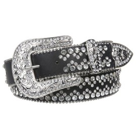 Snap On Western Cowgirl Rhinestone Studded Metallic Leather Belt Size: M/L - 38 Color: Black