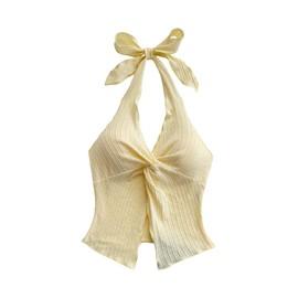MakeMeChic Women's Halter Tops Slit Twist Front Backless Cute Summer Tank Top Yellow Small