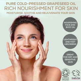 Alucia Organics Certified Organic Grapeseed Oil - Pure, Natural, Cold Pressed, Certified Organic, Vegan, Cruelty Free, for Skin, Face, Body, Hair, Massage (100ml)